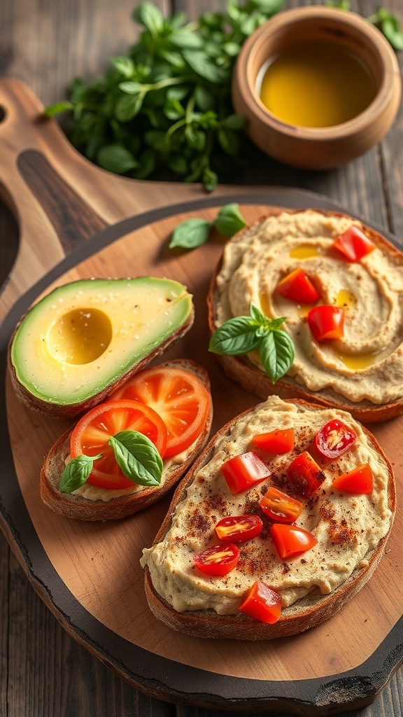 Slices of sourdough bread topped with avocado, tomato, and hummus on a wooden board.